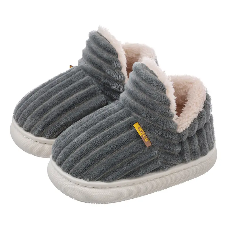 2025 Winter Concise Stripe Plush Slippers Children's Non-slip Soft Sole Kids Boys Girls Heel Wrap Warm High Home Cotton Shoes
