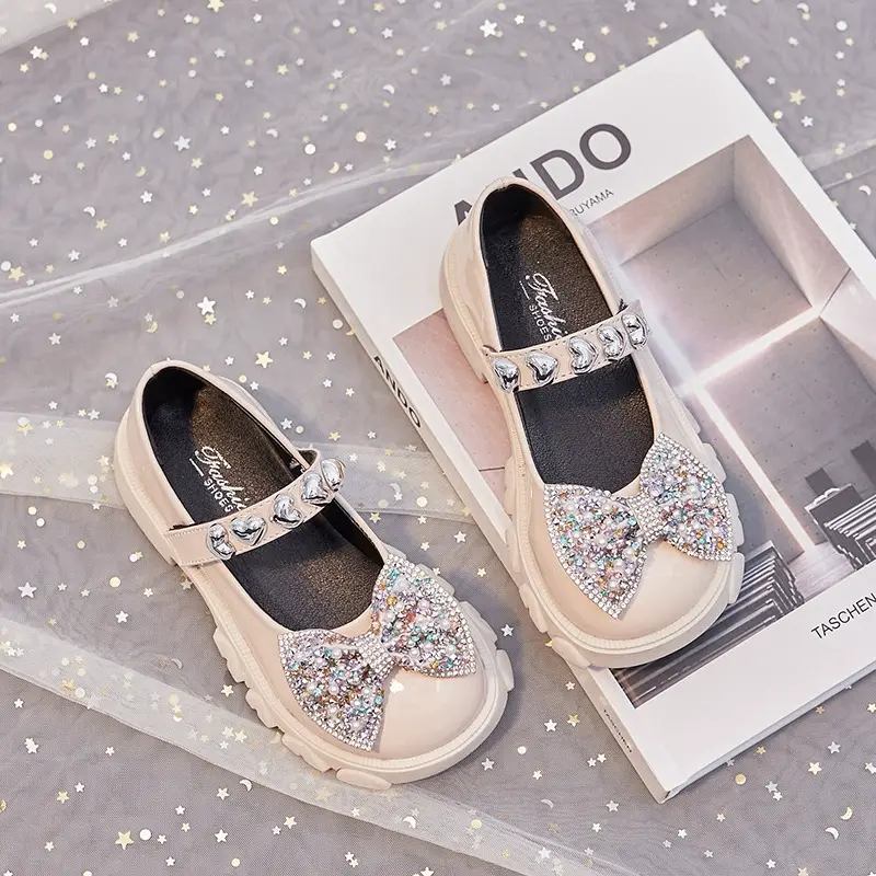 Children Girls Mary Jane Leather Shoes with Bling Bow Pearl Decor Breathable AntiSkid Soft Bottom Princess Party Sandals