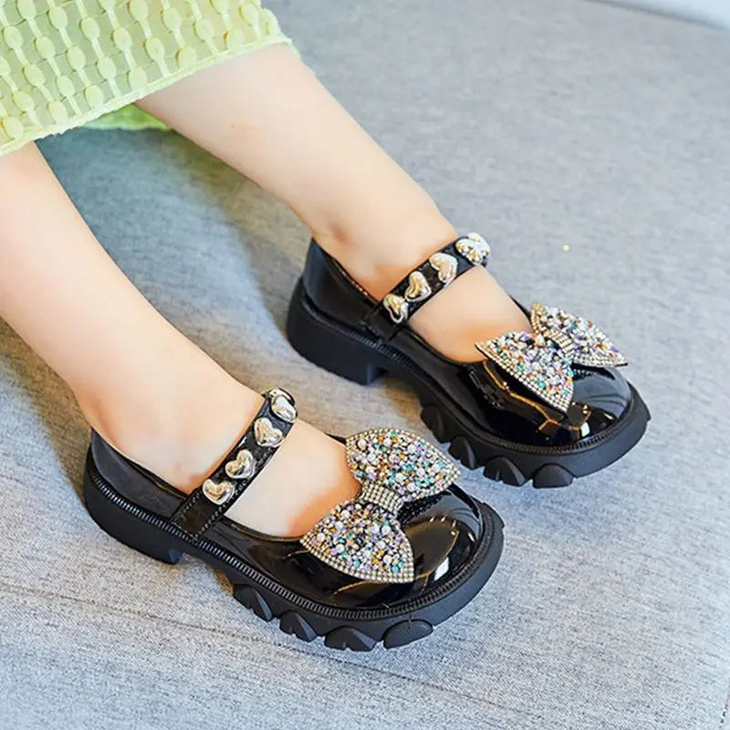 Children Girls Mary Jane Leather Shoes with Bling Bow Pearl Decor Breathable AntiSkid Soft Bottom Princess Party Sandals