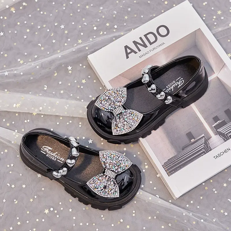 Children Girls Mary Jane Leather Shoes with Bling Bow Pearl Decor Breathable AntiSkid Soft Bottom Princess Party Sandals