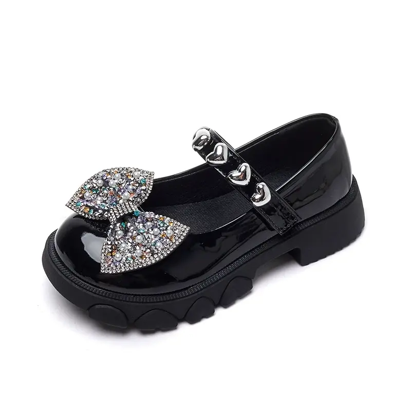 Children Girls Mary Jane Leather Shoes with Bling Bow Pearl Decor Breathable AntiSkid Soft Bottom Princess Party Sandals