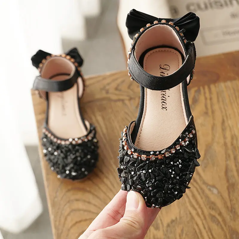 New Children Girls Shoes Leather Princess Sandals with Sequins Bow for Girls Wedding Casual Dance Flat Shoes