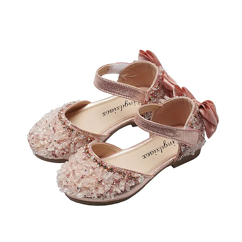 New Children Girls Shoes Leather Princess Sandals with Sequins Bow for Girls Wedding Casual Dance Flat Shoes