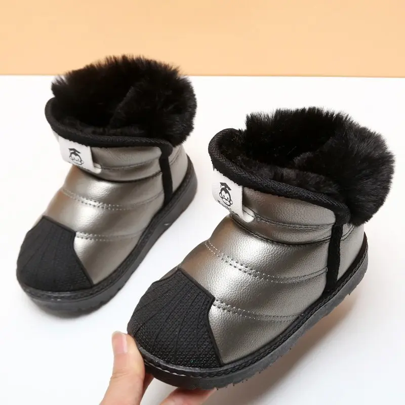New Winter Kids Leather Waterproof Snow Boots Boys Girls Non-slip Plush Warm Ankle Boots Cotton Sneakers Fleece Thickened