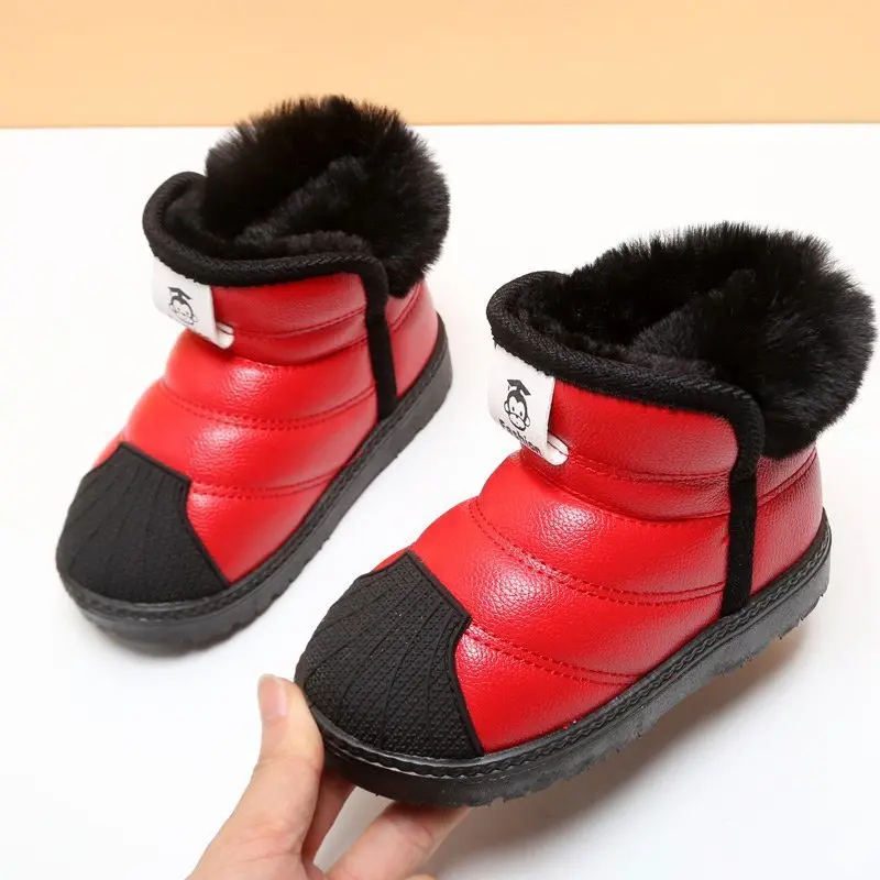 New Winter Kids Leather Waterproof Snow Boots Boys Girls Non-slip Plush Warm Ankle Boots Cotton Sneakers Fleece Thickened