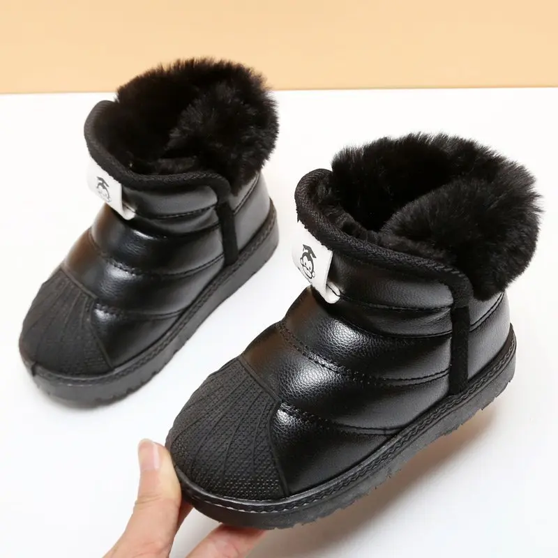New Winter Kids Leather Waterproof Snow Boots Boys Girls Non-slip Plush Warm Ankle Boots Cotton Sneakers Fleece Thickened