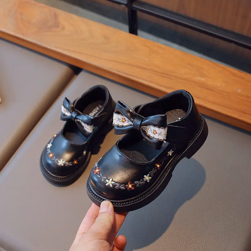 Toddler Girl's Mary Janes Flower Vintage Ruffles Beige Brown Kids Leather Shoe Shallow All-match Spring Daily Children Shoe