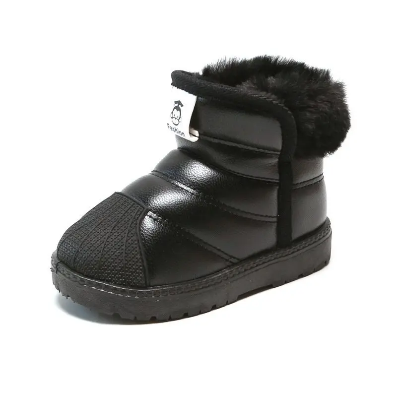 New Winter Kids Leather Waterproof Snow Boots Boys Girls Non-slip Plush Warm Ankle Boots Cotton Sneakers Fleece Thickened