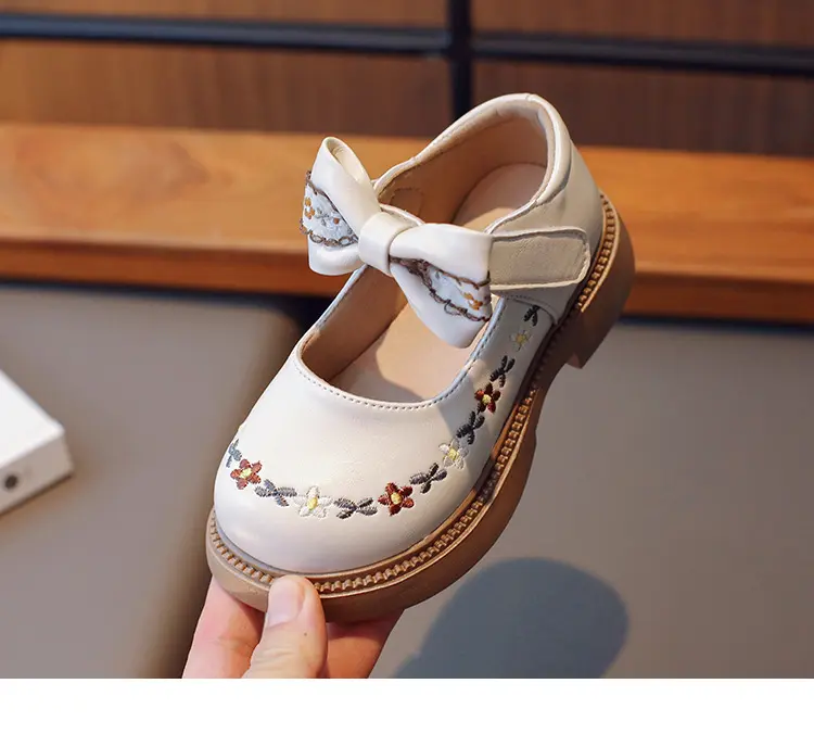 Toddler Girl's Mary Janes Flower Vintage Ruffles Beige Brown Kids Leather Shoe Shallow All-match Spring Daily Children Shoe