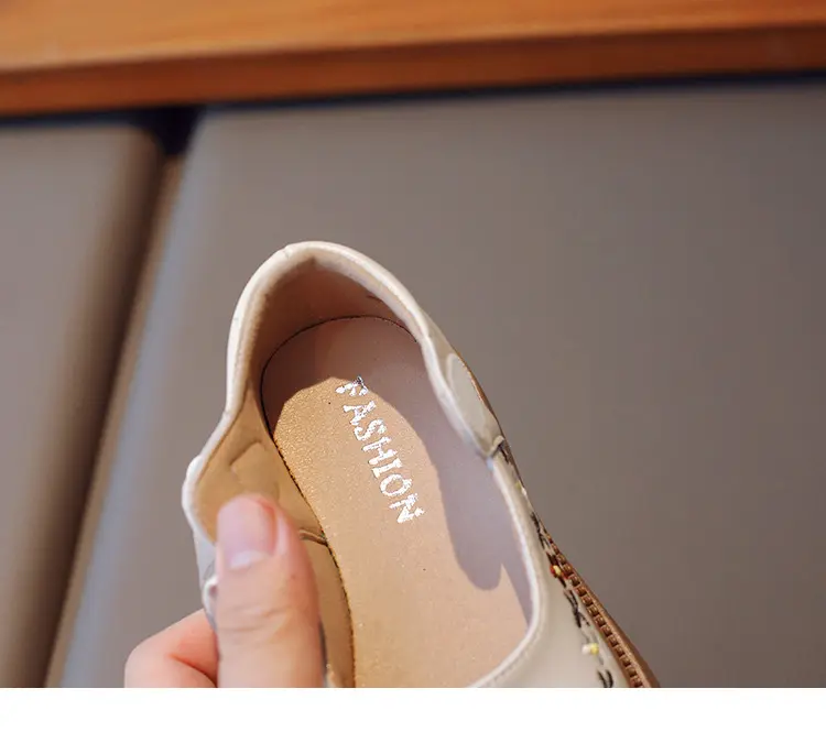 Toddler Girl's Mary Janes Flower Vintage Ruffles Beige Brown Kids Leather Shoe Shallow All-match Spring Daily Children Shoe