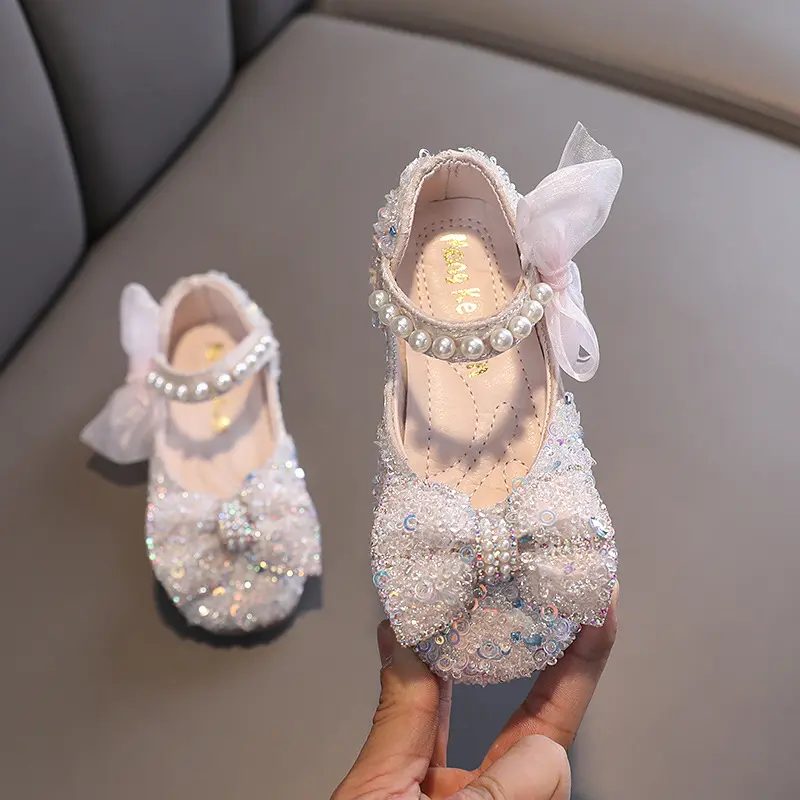 Toddler Girls Princess Shoes Sequins Lace Bowknot Mary Janes Flats Spring Autumn Trendy Party Kids Leather Shoes Three Colors