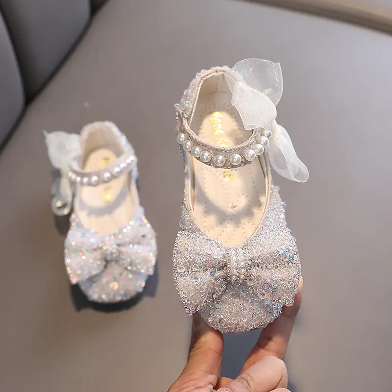 Toddler Girls Princess Shoes Sequins Lace Bowknot Mary Janes Flats Spring Autumn Trendy Party Kids Leather Shoes Three Colors