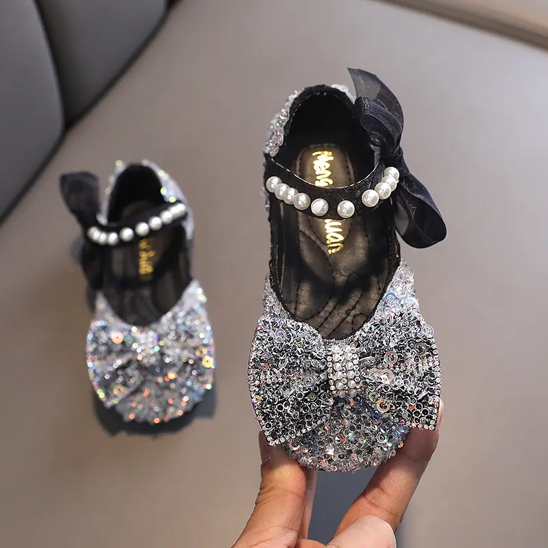 Toddler Girls Princess Shoes Sequins Lace Bowknot Mary Janes Flats Spring Autumn Trendy Party Kids Leather Shoes Three Colors