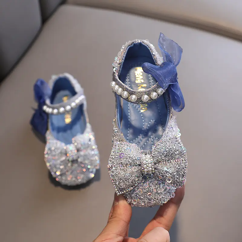 Toddler Girls Princess Shoes Sequins Lace Bowknot Mary Janes Flats Spring Autumn Trendy Party Kids Leather Shoes Three Colors