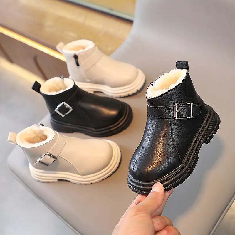 Winter Kid Boots Soft Rubber Sole Leather Zipper Warm Snow Shoes for Boys Girls Toddler Casual Sport Fluffy Platform Solid Color