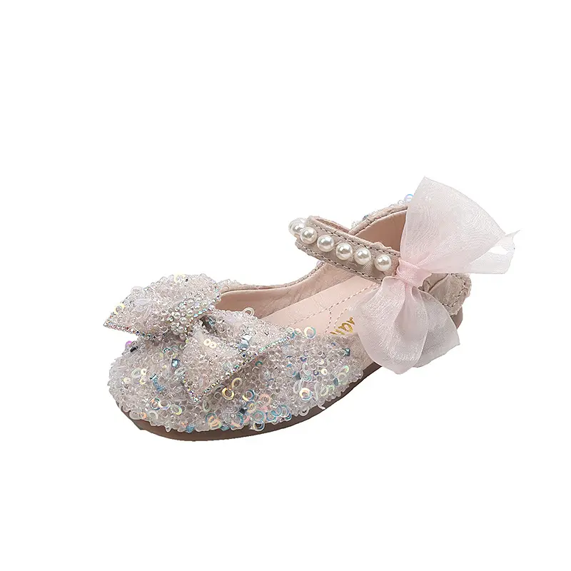 Toddler Girls Princess Shoes Sequins Lace Bowknot Mary Janes Flats Spring Autumn Trendy Party Kids Leather Shoes Three Colors