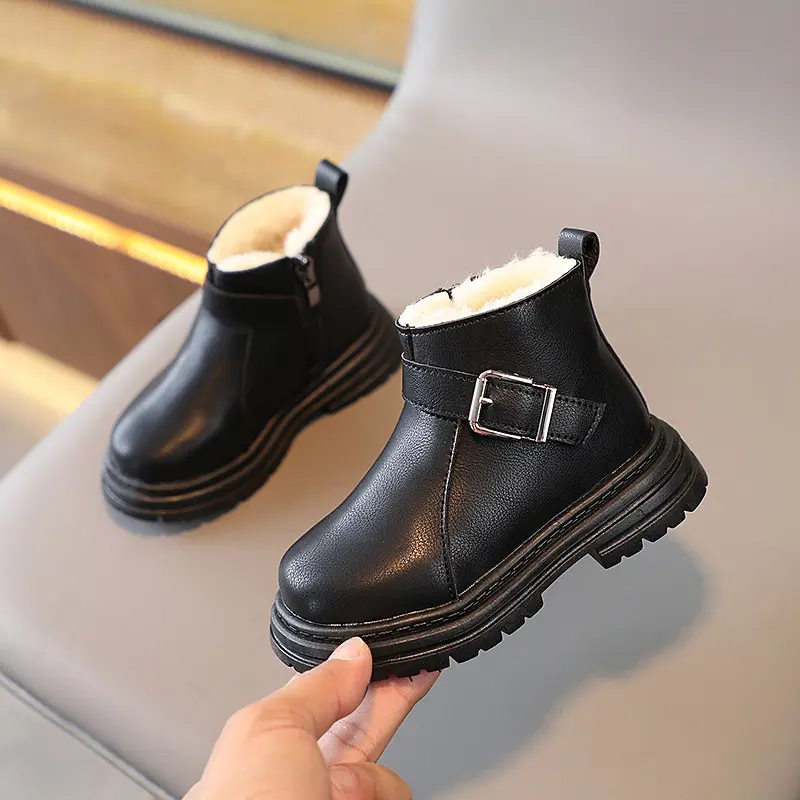 Winter Kid Boots Soft Rubber Sole Leather Zipper Warm Snow Shoes for Boys Girls Toddler Casual Sport Fluffy Platform Solid Color