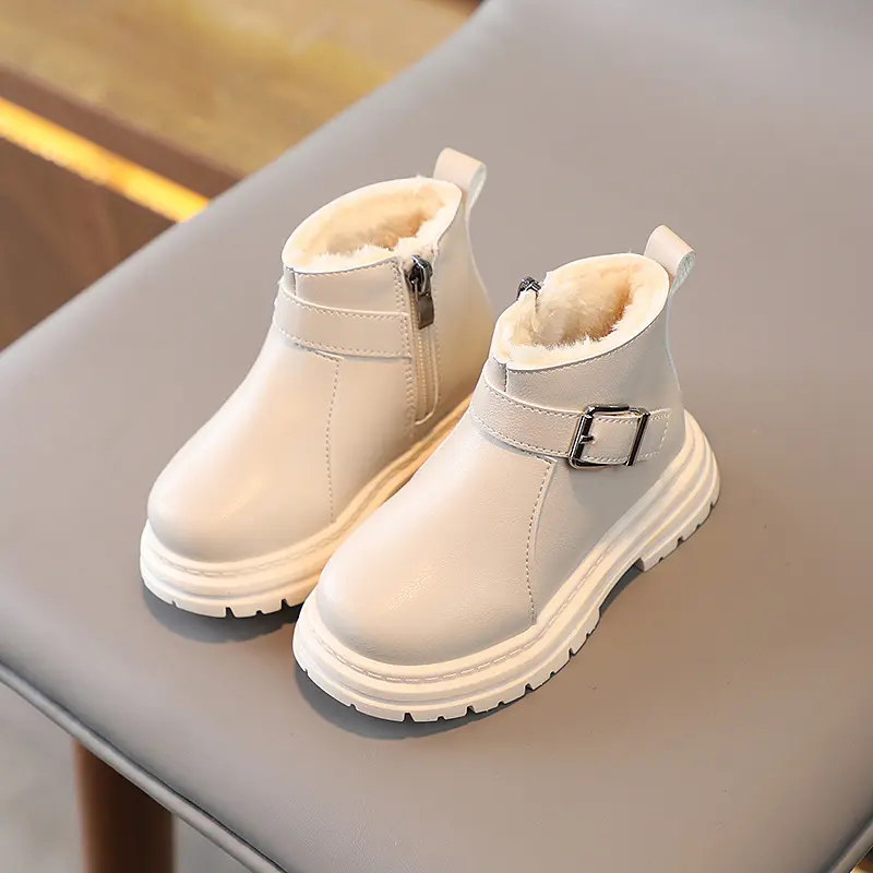 Winter Kid Boots Soft Rubber Sole Leather Zipper Warm Snow Shoes for Boys Girls Toddler Casual Sport Fluffy Platform Solid Color