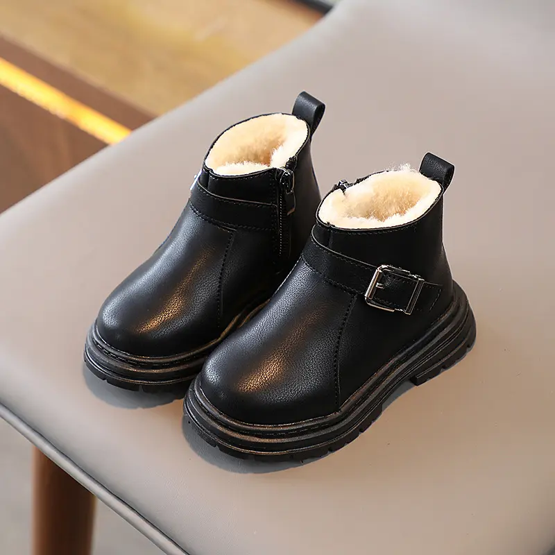 Winter Kid Boots Soft Rubber Sole Leather Zipper Warm Snow Shoes for Boys Girls Toddler Casual Sport Fluffy Platform Solid Color