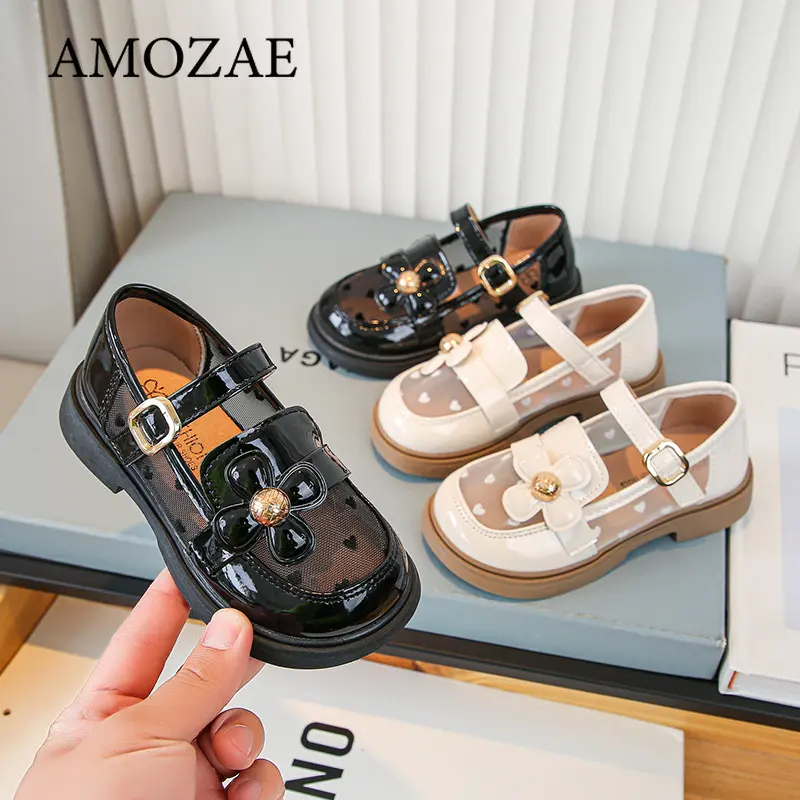 Girls Small Leather Shoes Mesh Soft Bottom Leather Children's Single Shoes Beige Black Fashion Versatile Children's Baby Shoes
