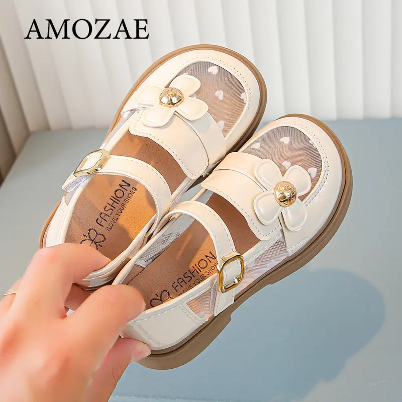 Girls Small Leather Shoes Mesh Soft Bottom Leather Children's Single Shoes Beige Black Fashion Versatile Children's Baby Shoes