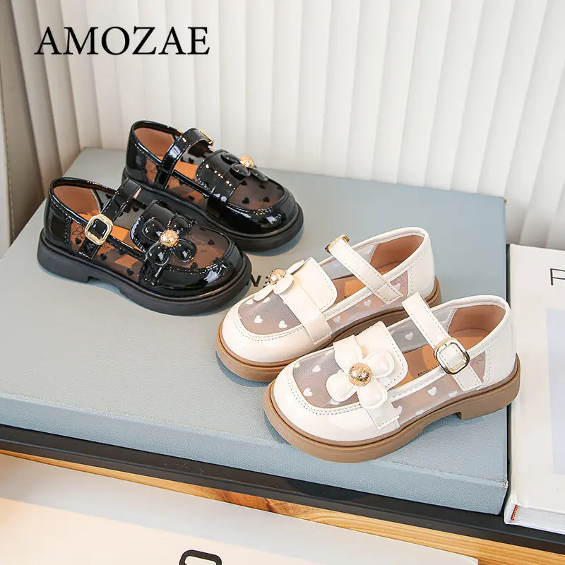 Girls Small Leather Shoes Mesh Soft Bottom Leather Children's Single Shoes Beige Black Fashion Versatile Children's Baby Shoes