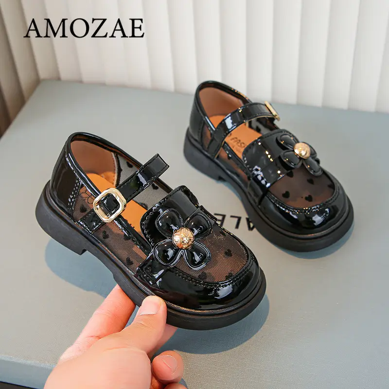 Girls Small Leather Shoes Mesh Soft Bottom Leather Children's Single Shoes Beige Black Fashion Versatile Children's Baby Shoes