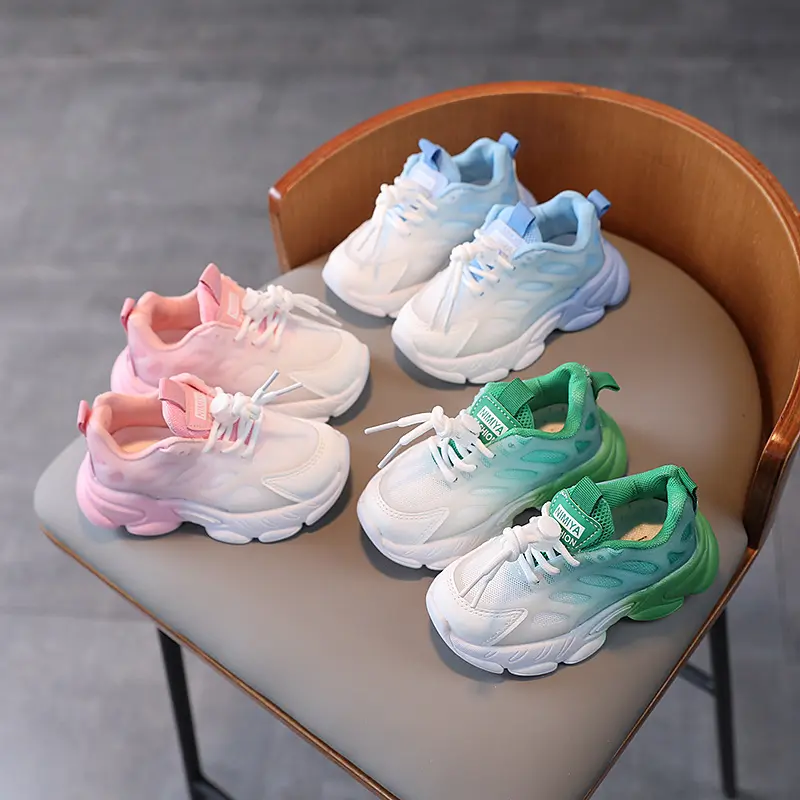 Summer Children Shoes Glowing Gradient Lace Up Sneakers for Kids Breathable Mesh Girls Sports Shoes with Thick Sole