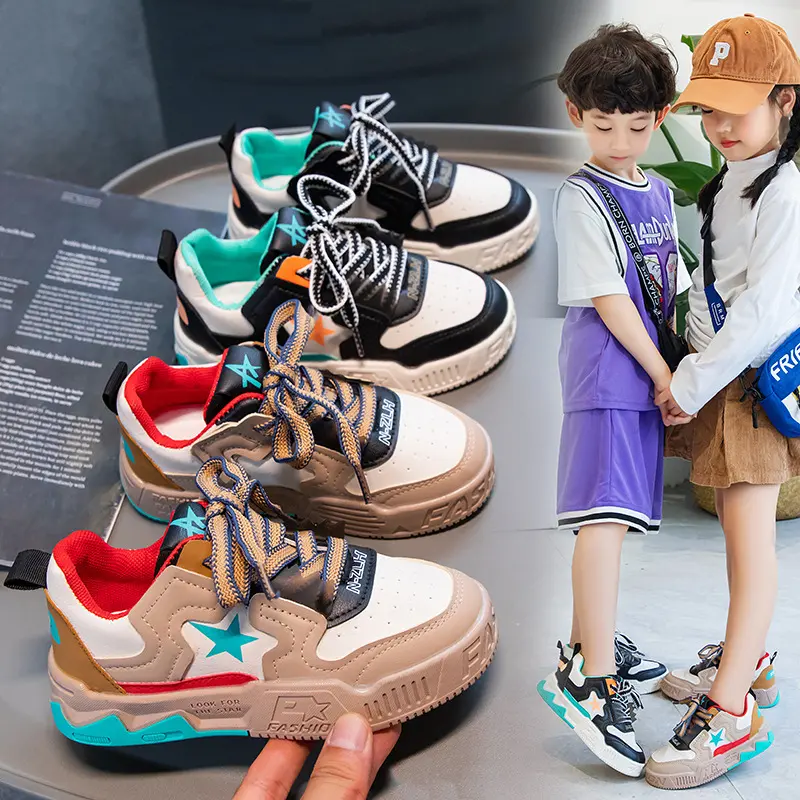 Boys Girls Star Pattern Fashion Sneakers Non Slip Breathable Boys Kids Outdoor Running Casual Shoes Thick Sole Sport Footwear