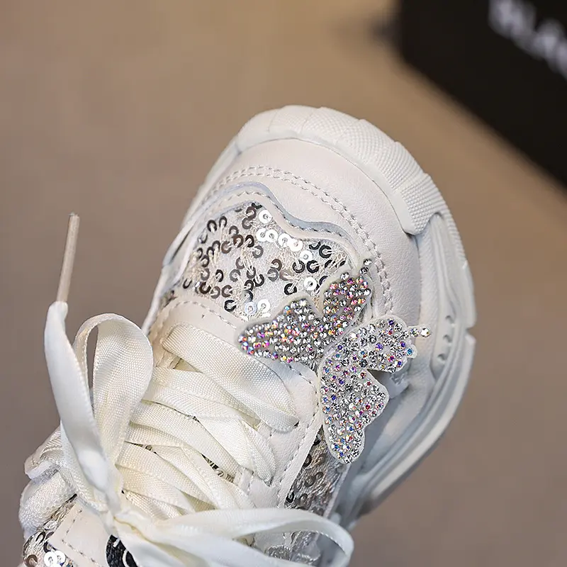 2025 Summer Toddler Girls Bling Sequins Butterfly Sport Sneakers Soft Sole Breathable Outdoor Fashion Kids Casual Walking Shoes