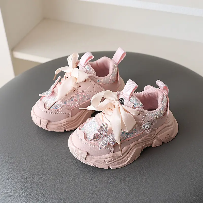 2025 Summer Toddler Girls Bling Sequins Butterfly Sport Sneakers Soft Sole Breathable Outdoor Fashion Kids Casual Walking Shoes