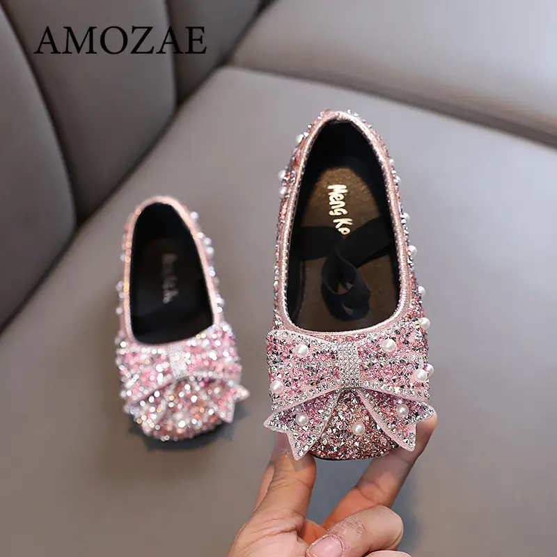 Children's Flats Kid's Single Shoes Fashion Girls Pink Rhinestone Bow Silver Princess Shoes Students Baby Party Show Shoes
