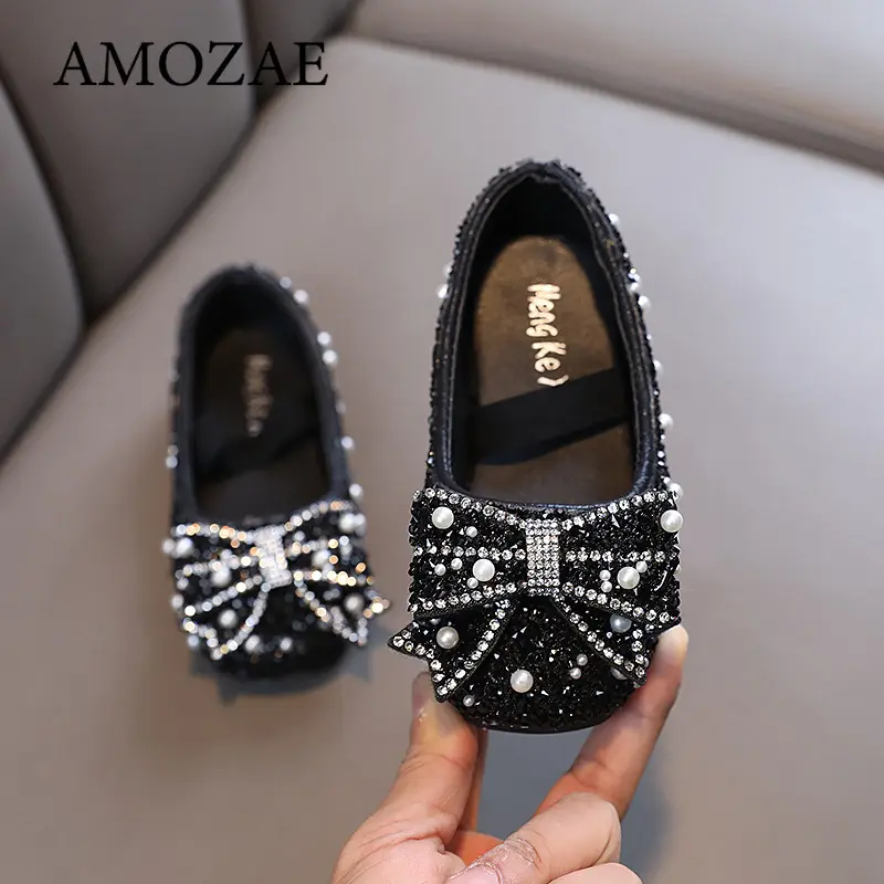 Children's Flats Kid's Single Shoes Fashion Girls Pink Rhinestone Bow Silver Princess Shoes Students Baby Party Show Shoes