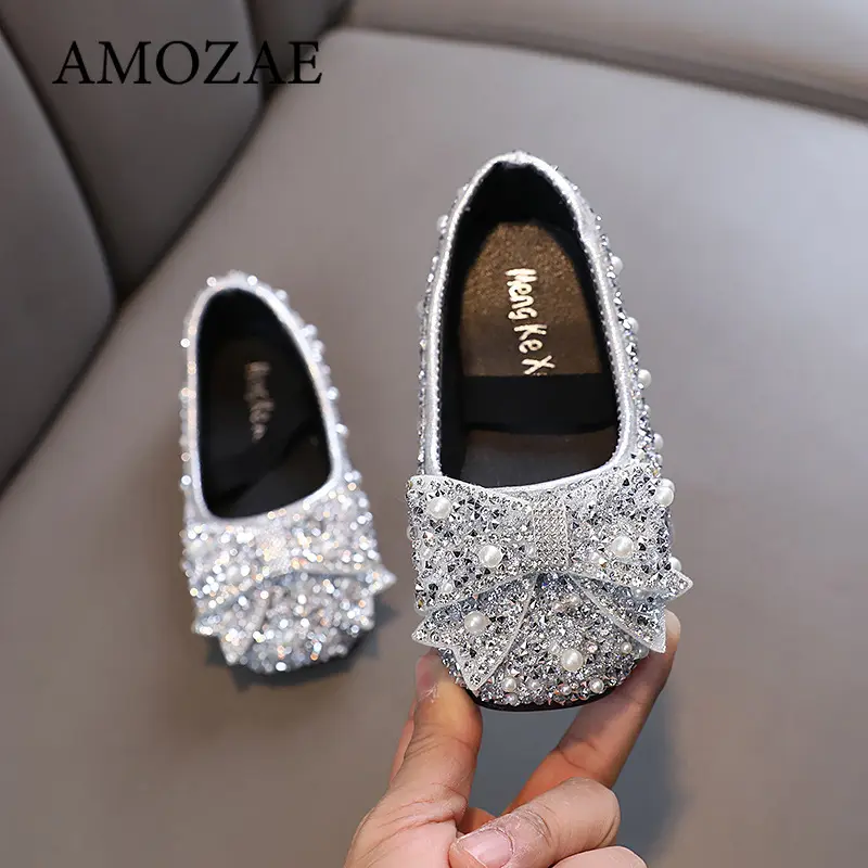 Children's Flats Kid's Single Shoes Fashion Girls Pink Rhinestone Bow Silver Princess Shoes Students Baby Party Show Shoes