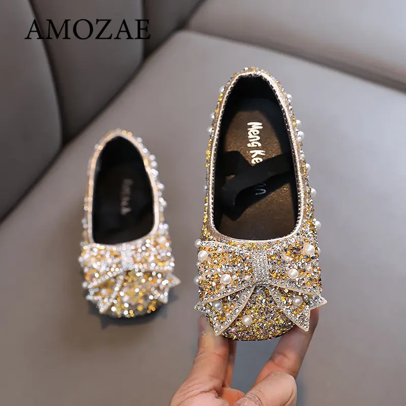 Children's Flats Kid's Single Shoes Fashion Girls Pink Rhinestone Bow Silver Princess Shoes Students Baby Party Show Shoes