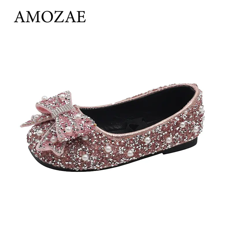 Children's Flats Kid's Single Shoes Fashion Girls Pink Rhinestone Bow Silver Princess Shoes Students Baby Party Show Shoes