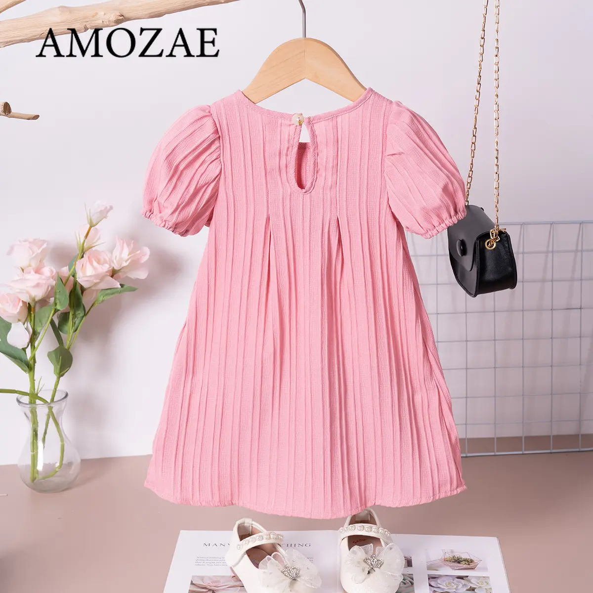 2025 New Baby Girl Summer Dresses Solid Color Cute Bow Design Bubble Sleeve Children Casual Fashion Princess Sweet Dress