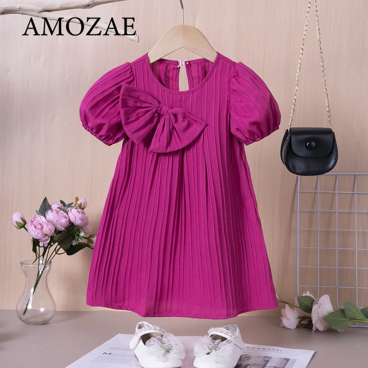 2025 New Baby Girl Summer Dresses Solid Color Cute Bow Design Bubble Sleeve Children Casual Fashion Princess Sweet Dress