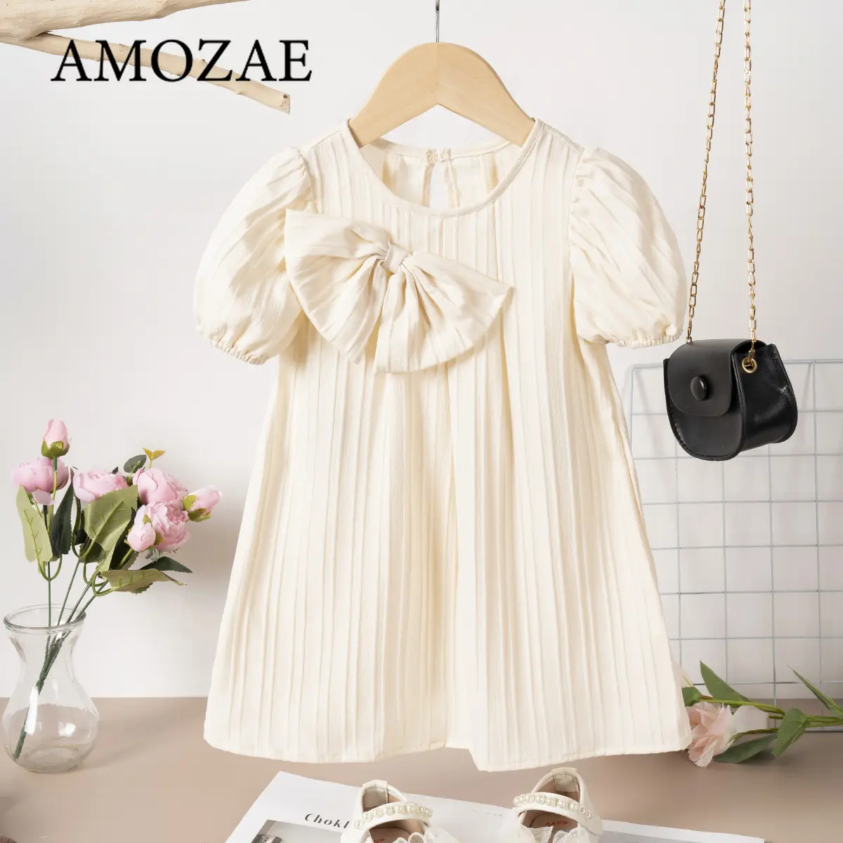 2025 New Baby Girl Summer Dresses Solid Color Cute Bow Design Bubble Sleeve Children Casual Fashion Princess Sweet Dress