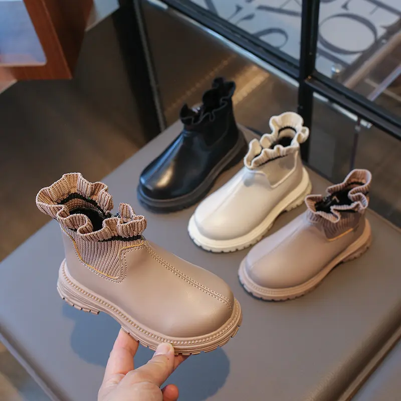 Girls Knitted Ankle Boots Autumn Winter Warm Soft Leather Slip On Kids Snow Shoes Princess Non Slip Plush Flower Toddler Boots