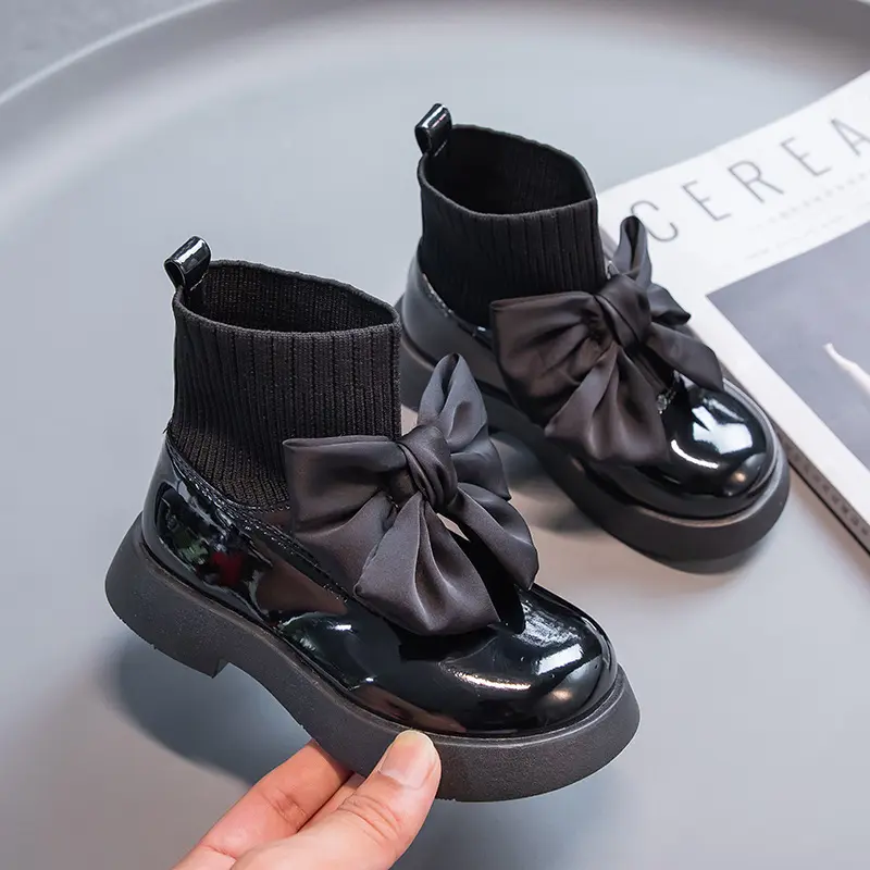 Girls Boots Bow Elegant Glossy PU School Shoes Fashion Breathable Sock Boots for Kids Uniform Casual Spring Autumn Flying Knit