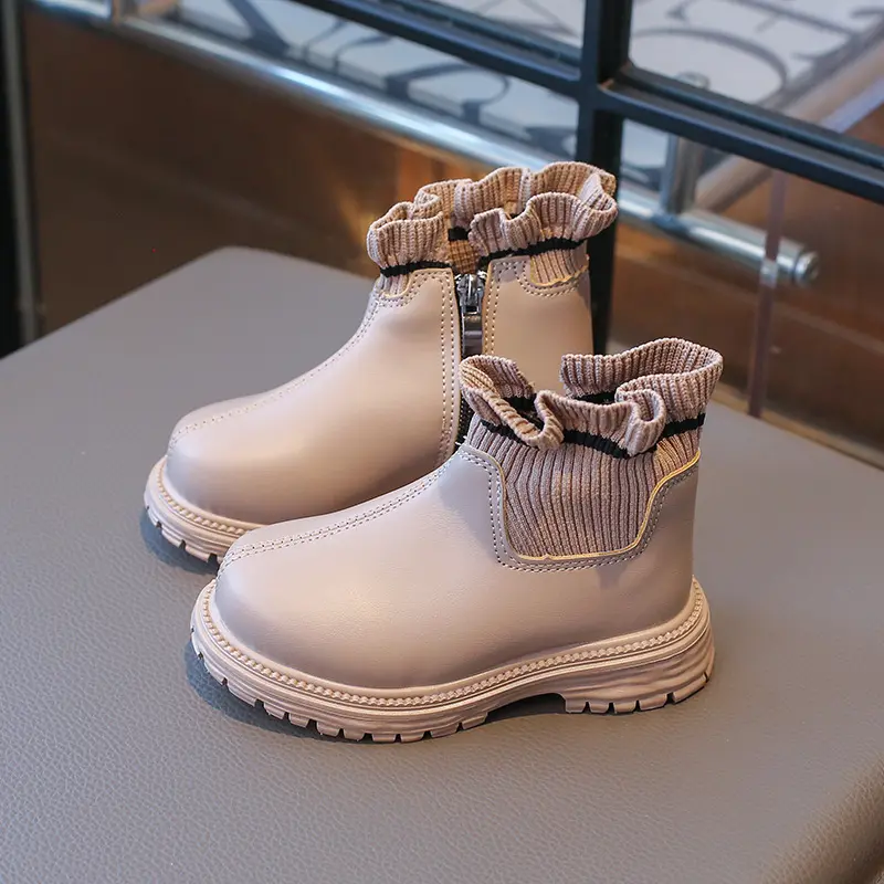 Girls Knitted Ankle Boots Autumn Winter Warm Soft Leather Slip On Kids Snow Shoes Princess Non Slip Plush Flower Toddler Boots