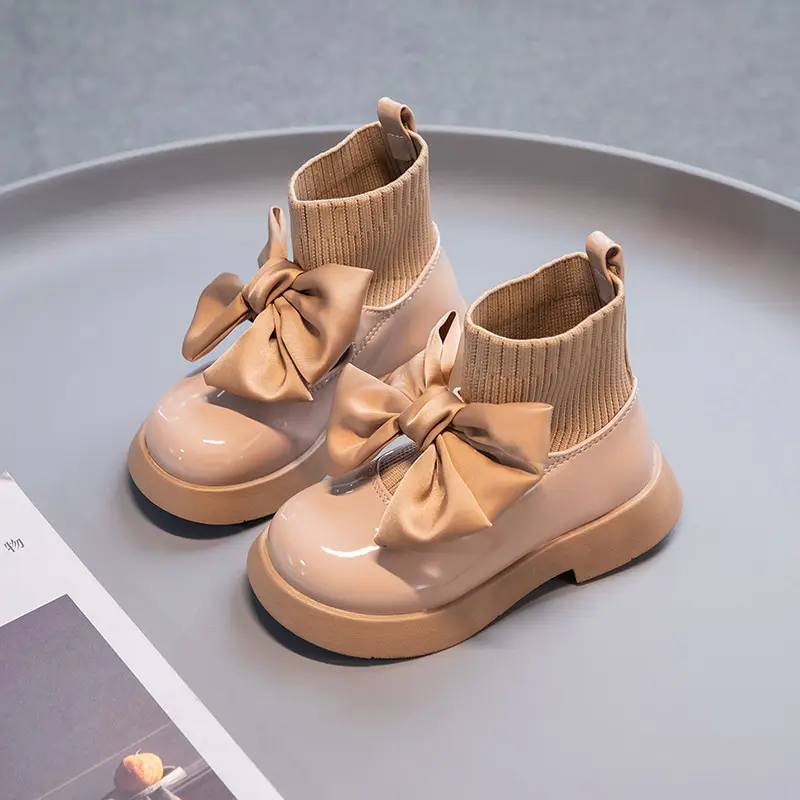 Girls Boots Bow Elegant Glossy PU School Shoes Fashion Breathable Sock Boots for Kids Uniform Casual Spring Autumn Flying Knit