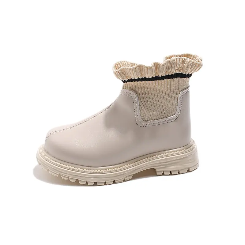 Girls Knitted Ankle Boots Autumn Winter Warm Soft Leather Slip On Kids Snow Shoes Princess Non Slip Plush Flower Toddler Boots