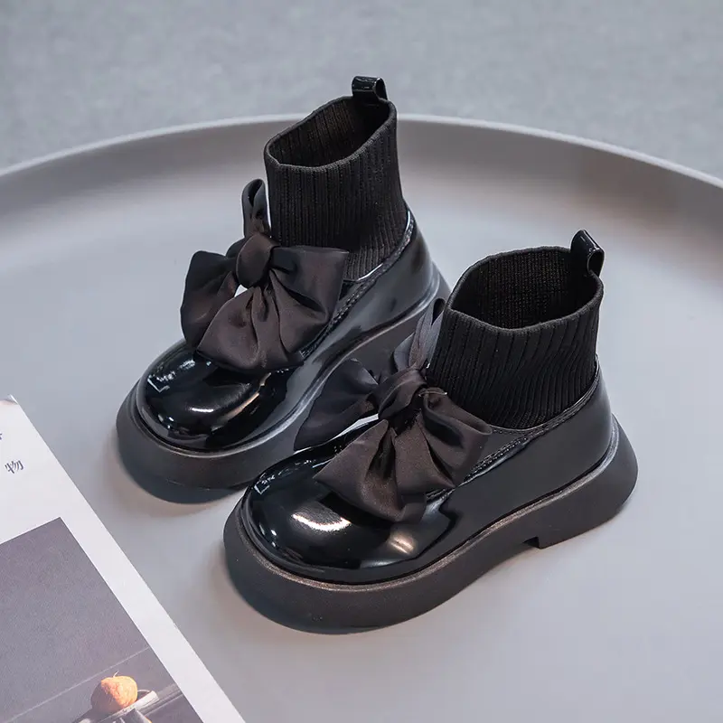 Girls Boots Bow Elegant Glossy PU School Shoes Fashion Breathable Sock Boots for Kids Uniform Casual Spring Autumn Flying Knit
