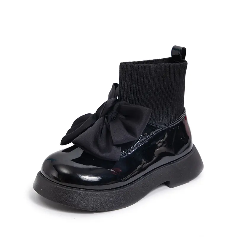 Girls Boots Bow Elegant Glossy PU School Shoes Fashion Breathable Sock Boots for Kids Uniform Casual Spring Autumn Flying Knit