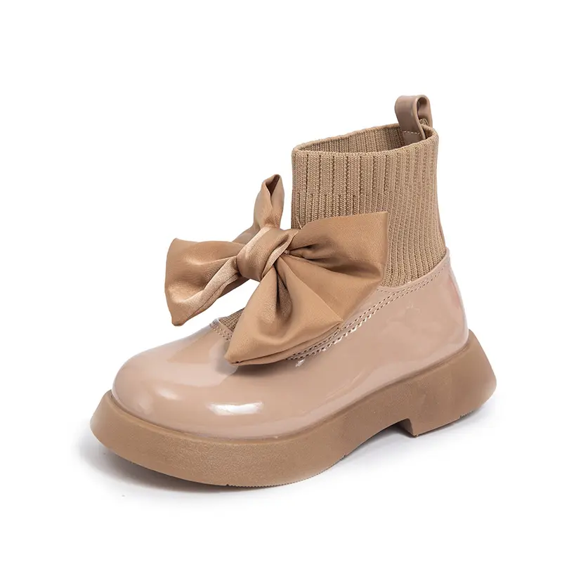 Girls Boots Bow Elegant Glossy PU School Shoes Fashion Breathable Sock Boots for Kids Uniform Casual Spring Autumn Flying Knit
