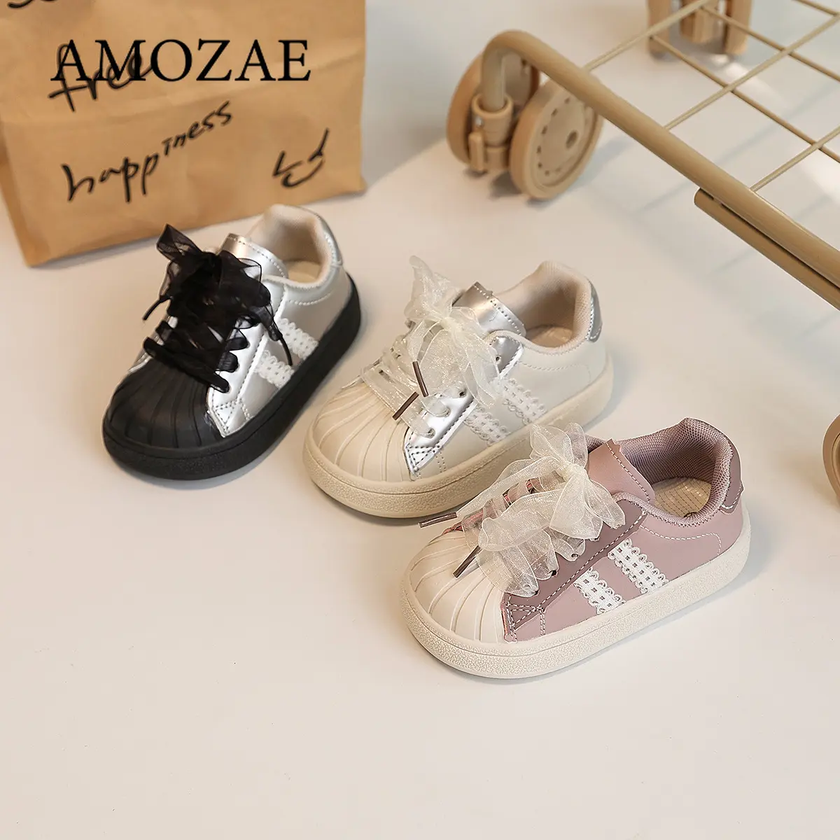 Girls' Soft Bottom Anti-Slip Casual Sports Shoes Spring Autumn Style Learning to Walk Shoes Children's Shell Head Leisure Sneake
