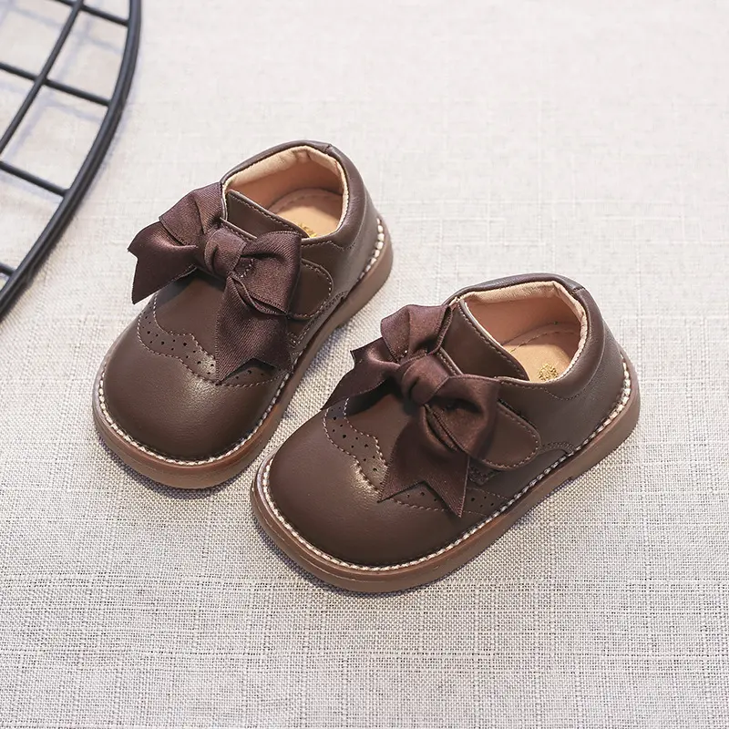 2025 Autumn Baby Girls Leather Bowknot Princess Shoes Soft Non-Slip Sole Comfortable Toddler First Walker Casual Design
