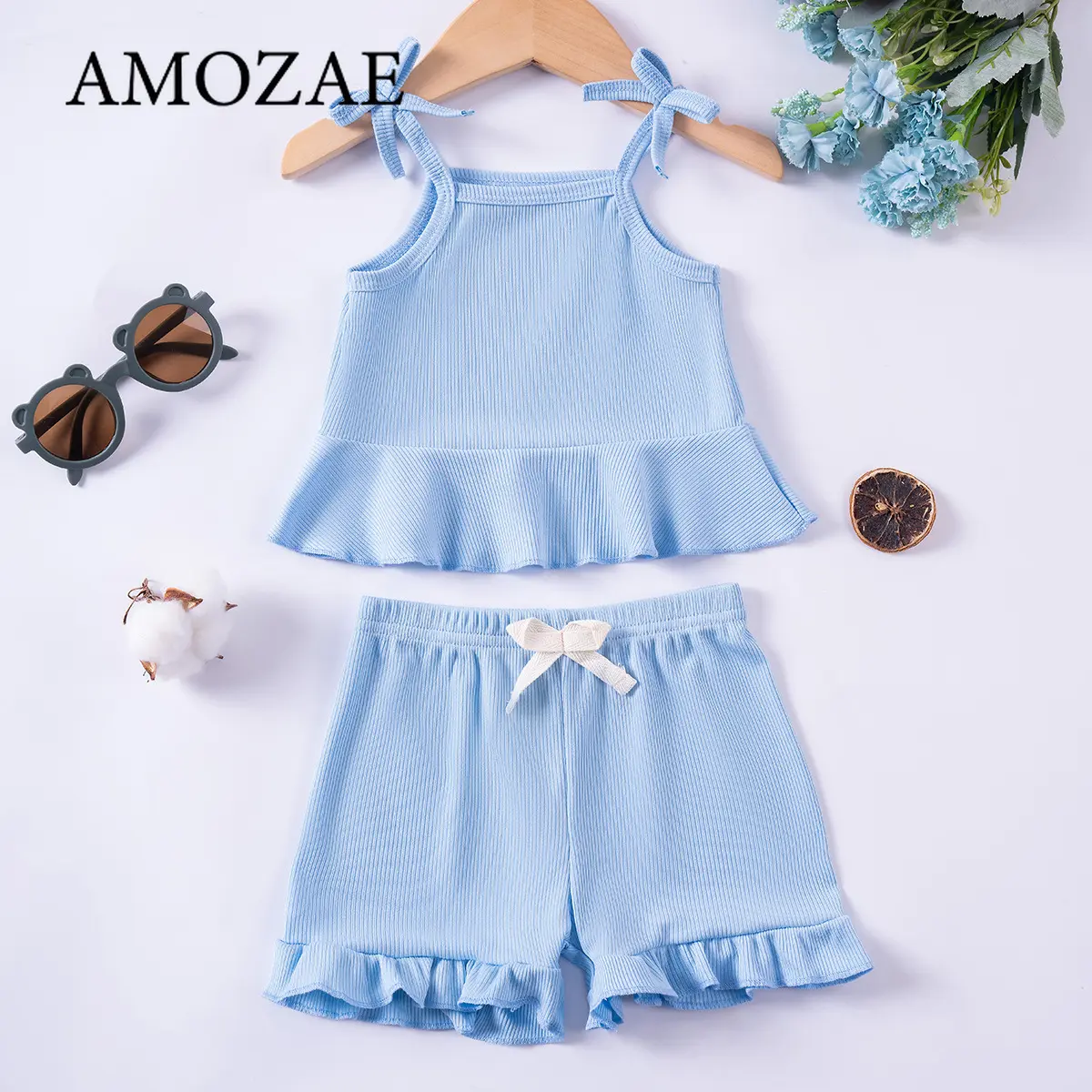 Baby Girl Summer Outfits 2Pcs Set Knit Ruffle Sleeveless Tops and Shorts Soft Fabric for Home Party Going Out Infant Toddler